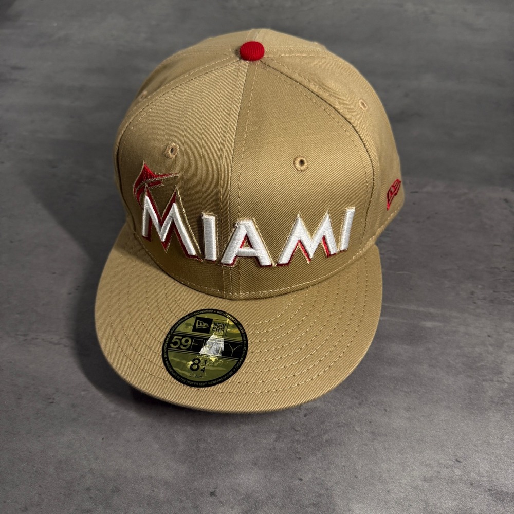 New Era Miami Marlins Hat 8 1/4 Tan Red Spellout Fitted MLB Baseball 59FIFTY Cap